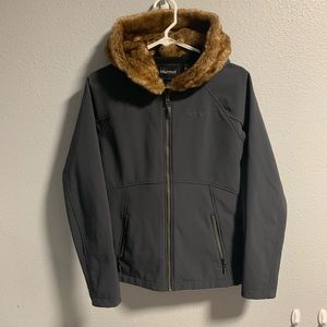 Marmot Charcoal Gray Jacket with Brown Faux Fur Hood